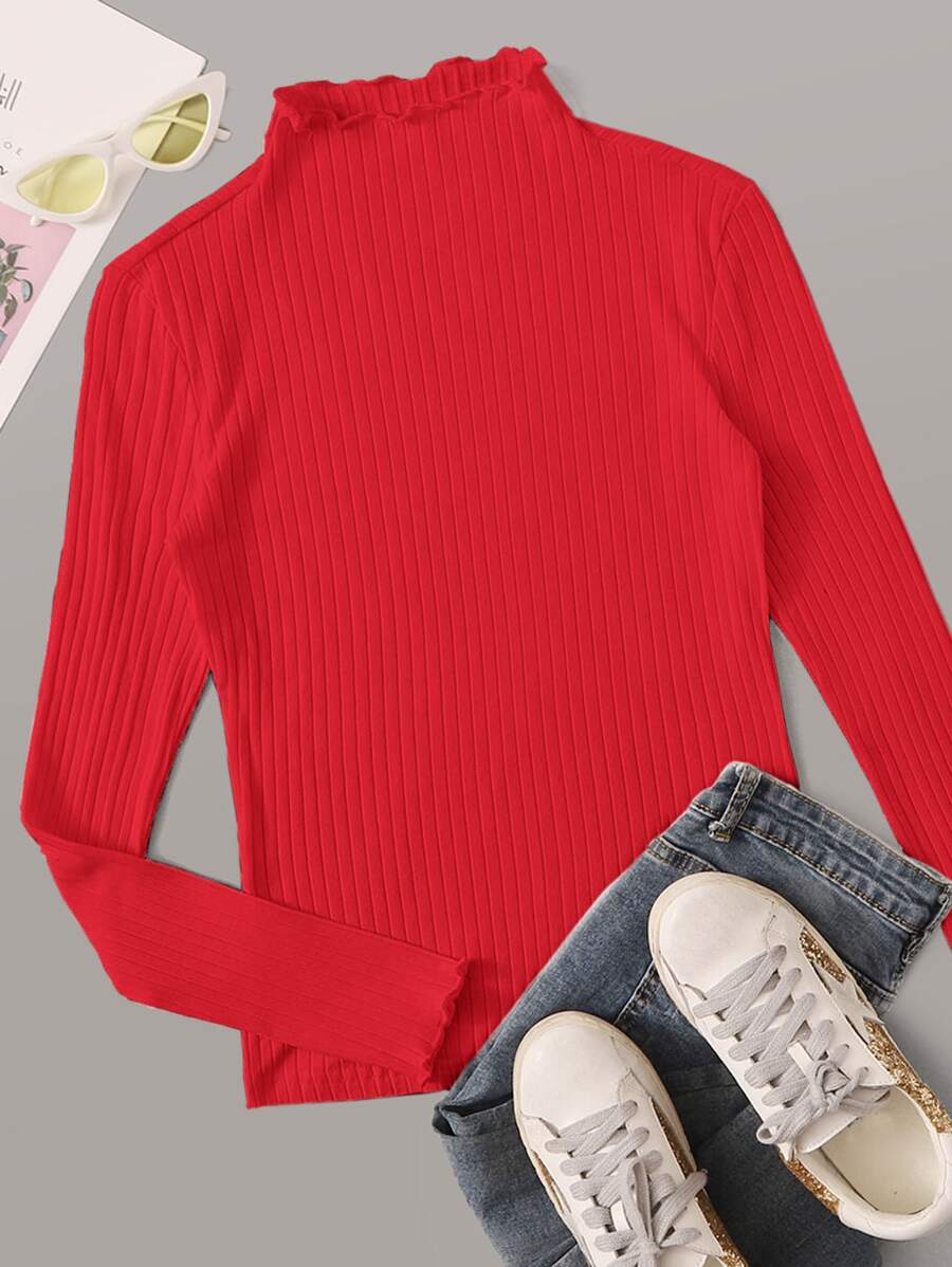 Muchica Lettuce Trim Rib-knit Tee - Red - View 1