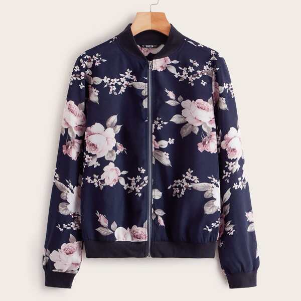 

Plus Floral Print Zip Up Bomber Jacket, Navy