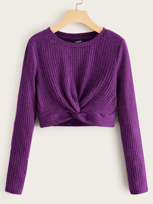 

Twist Hem Rib-knit Top, Purple
