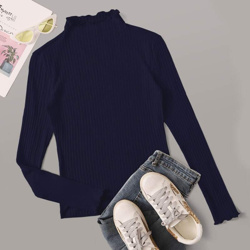 

Lettuce Edge Mock Neck Rib-knit Tee, Navy blue