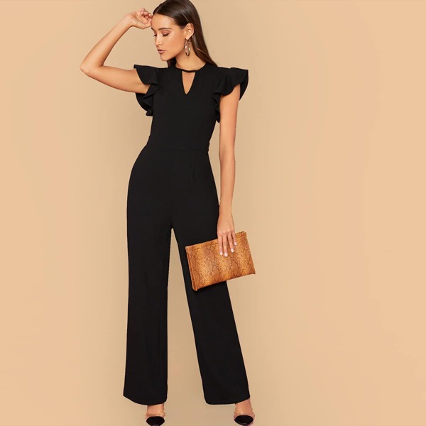 

Keyhole Neck Ruffle Armhole Palazzo Jumpsuit, Black