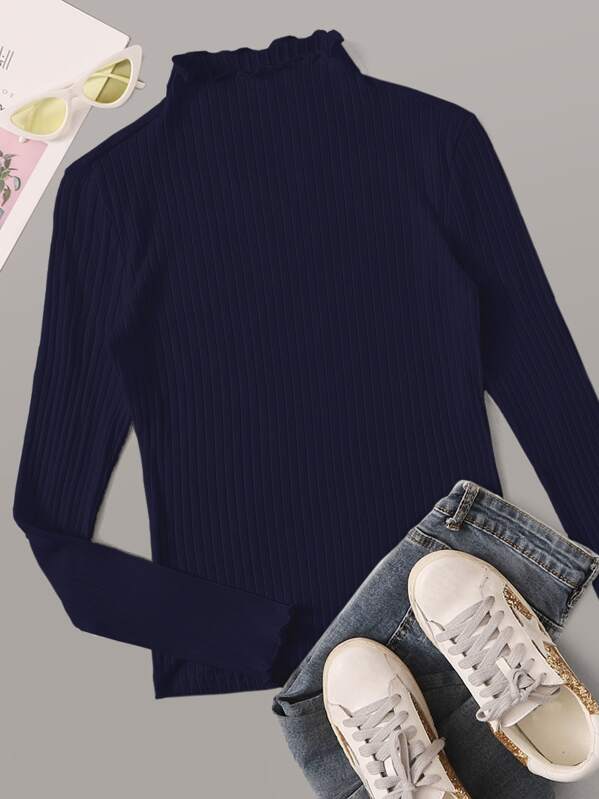 

Lettuce Edge Mock Neck Rib-knit Tee, Navy