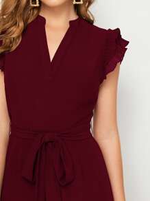 SHEIN Privé Pleated Ruffle Trim Belted Culotte Jumpsuit - Burgundy - View 3