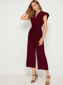 SHEIN Privé Pleated Ruffle Trim Belted Culotte Jumpsuit - Burgundy - View 4