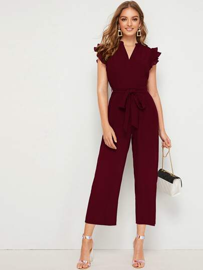 Pleated Ruffle Trim Belted Culotte Jumpsuit