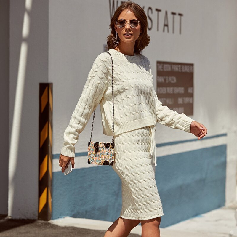 

Drop Shoulder Sweater & Drawstring Waist Skirt Set, White