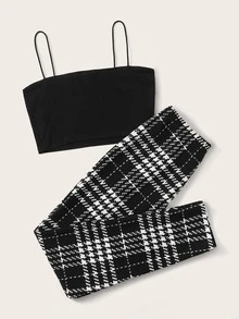 SHEIN Conjuntos de top de tirante corto con pantalones de cuadros - Negro - Ver 2