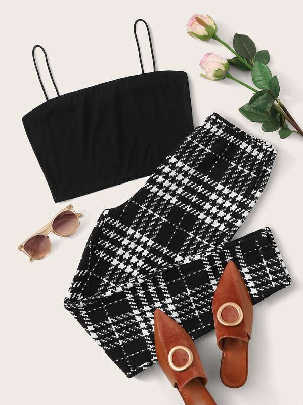 

Crop Cami Top & Plaid Pants Set, Black