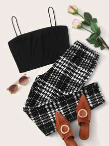SHEIN Conjuntos de top de tirante corto con pantalones de cuadros - Negro - Ver 1