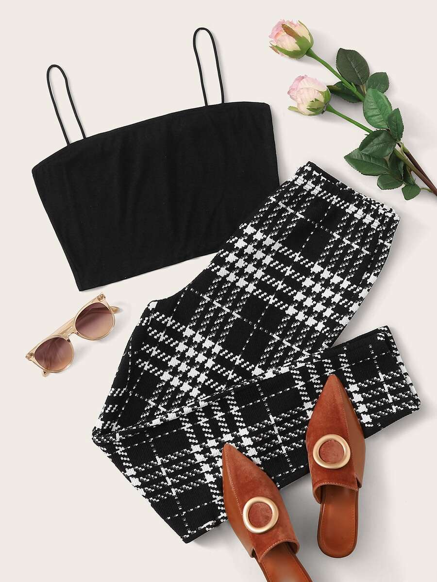 SHEIN Conjuntos de top de tirante corto con pantalones de cuadros - Negro - Ver 1