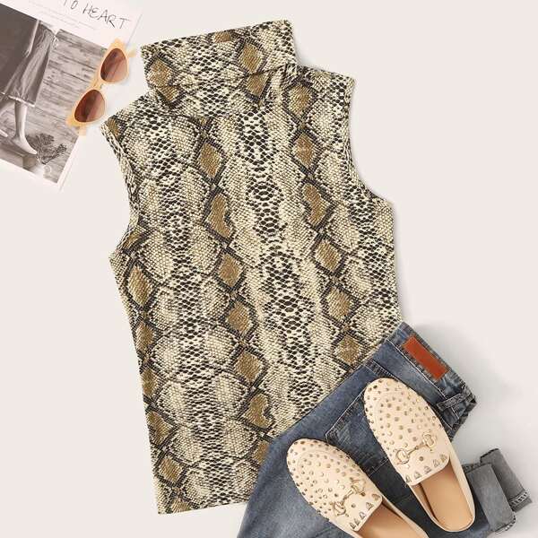 

Turtleneck Snakeskin Tank Top, Multicolor