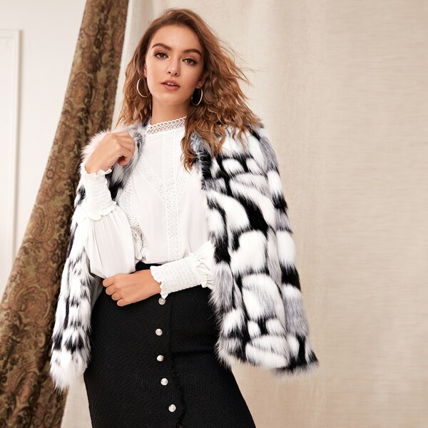 

Colorblock Faux Fur Coat, Black and white