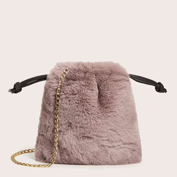 

Fluffy Chain Crossbody Bag With Drawstring