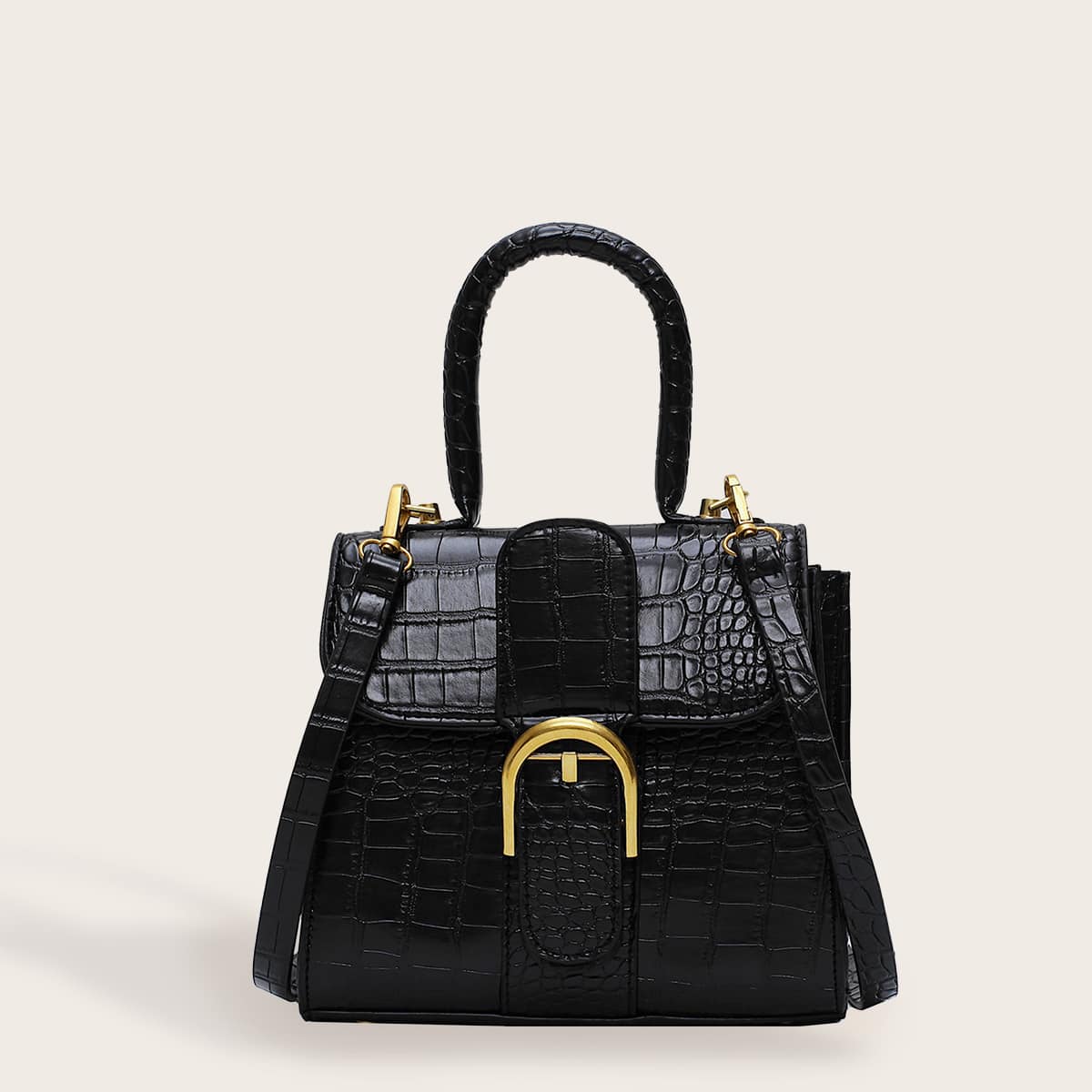 

Buckle Decor Croc Embossed Satchel Bag, Black