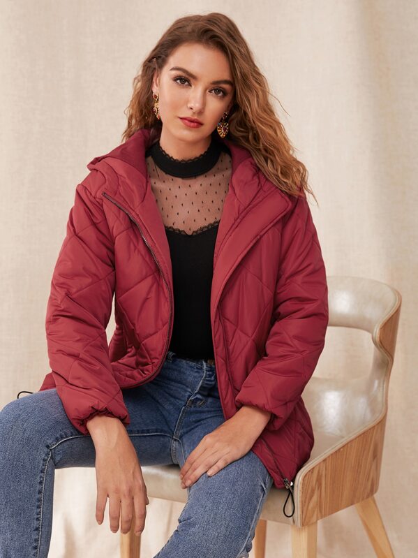 

Zip Up Drawstring Hem Quilted Coat, Burgundy
