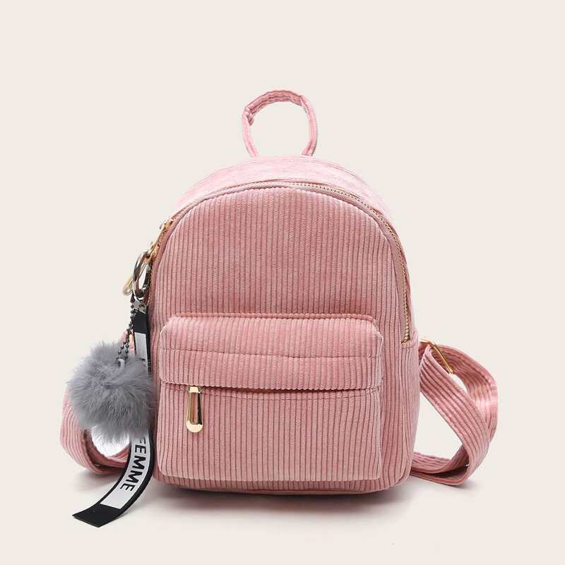 

Pom Pom Decor Corduroy Backpack, Pink