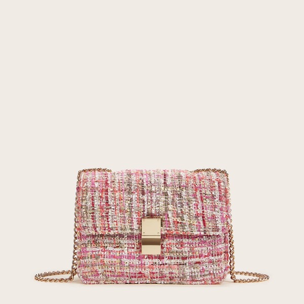 

Metal Lock Tweed Flap Chain Bag, Multicolor