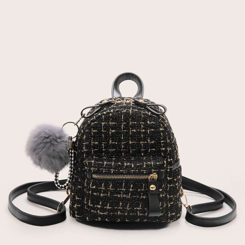 

Pom Pom Decor Tweed Backpack, Black