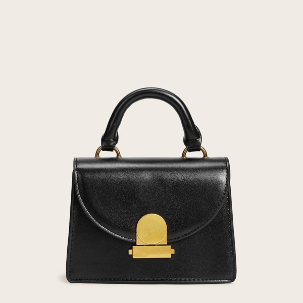 

Metal Lock Flap Satchel Bag, Black