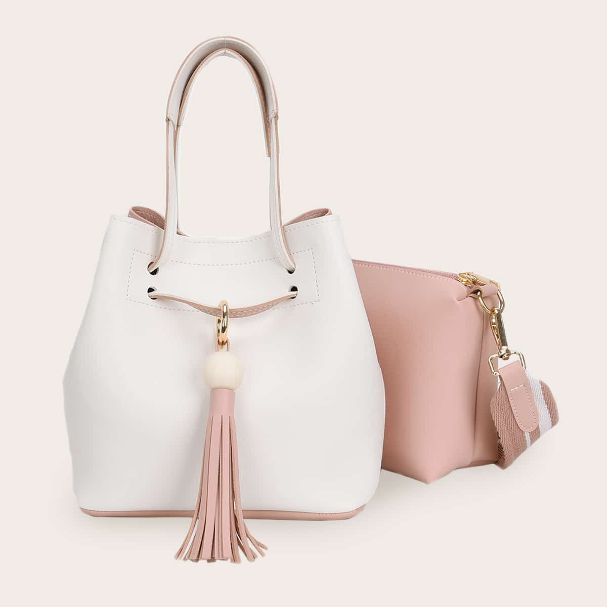 

2pcs Tassel Decor Tote Bag With Crossbody Bag, Multicolor