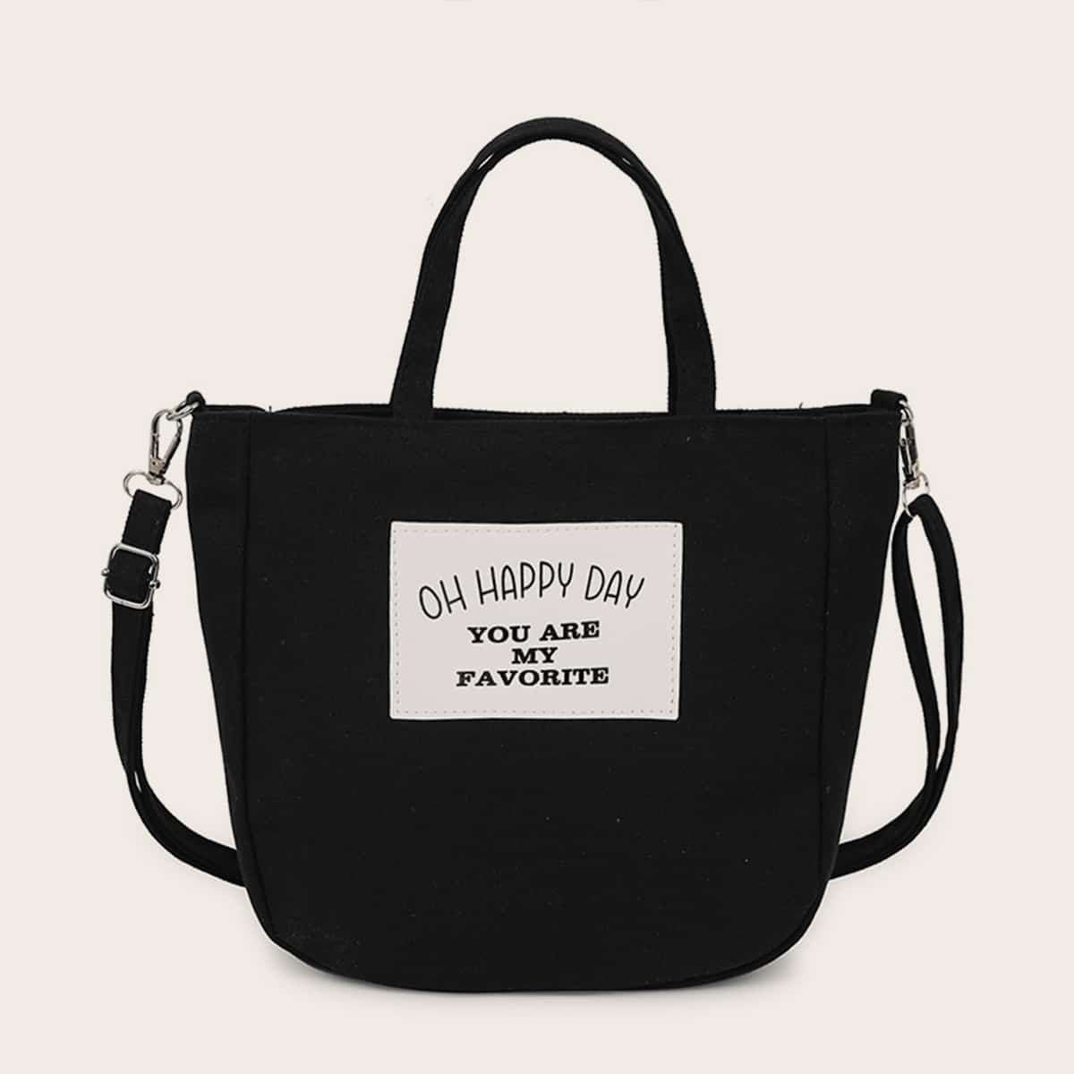 

Slogan Graphic Patch Satchel Bag, Black