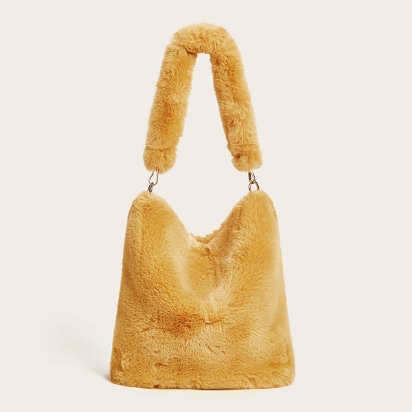 

Fluffy Tote Bag With Chain Strap, Yellow