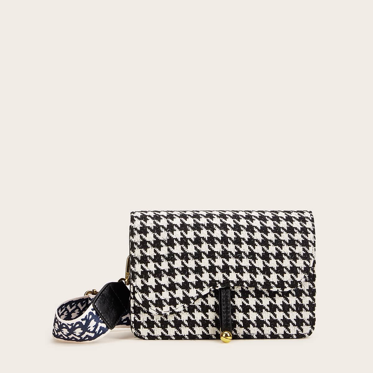 

Houndstooth Flap Crossbody Bag, Black and white