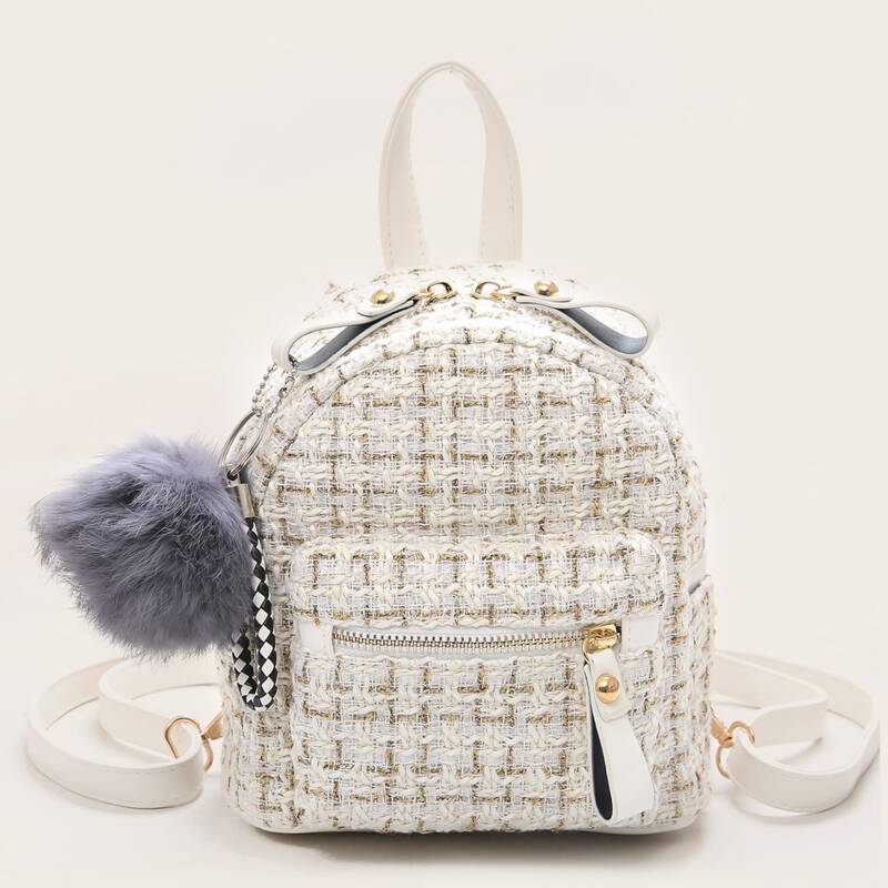 

Pom Pom Decor Tweed Backpack, White
