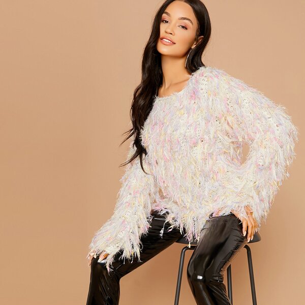 

Multi Colored Metallic Tinsel Fringe Knit Sweater