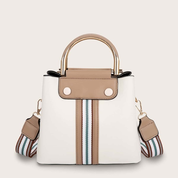 

Striped Satchel Bag With Double Metal Handle