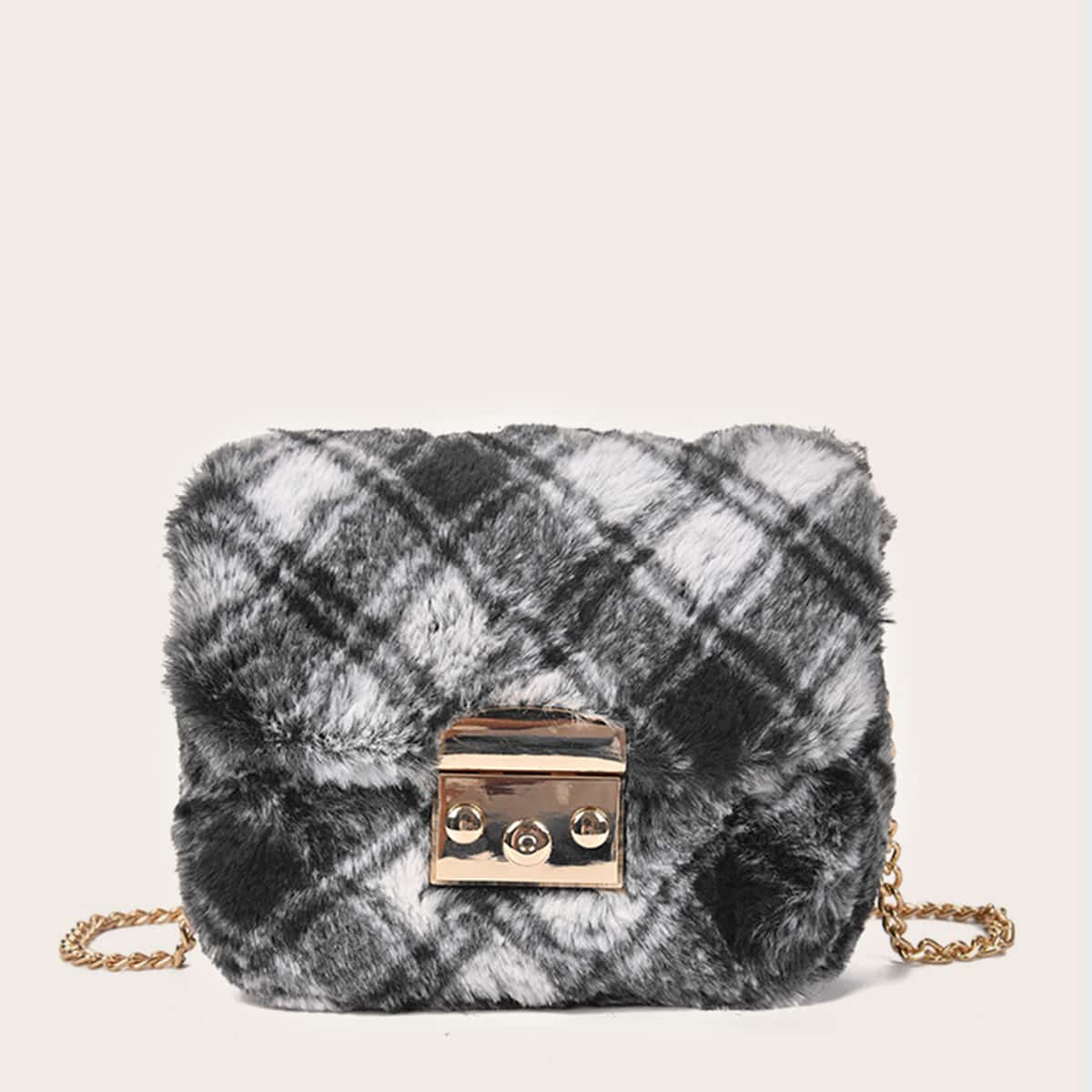 

Push Lock Plaid Chain Bag, Multicolor