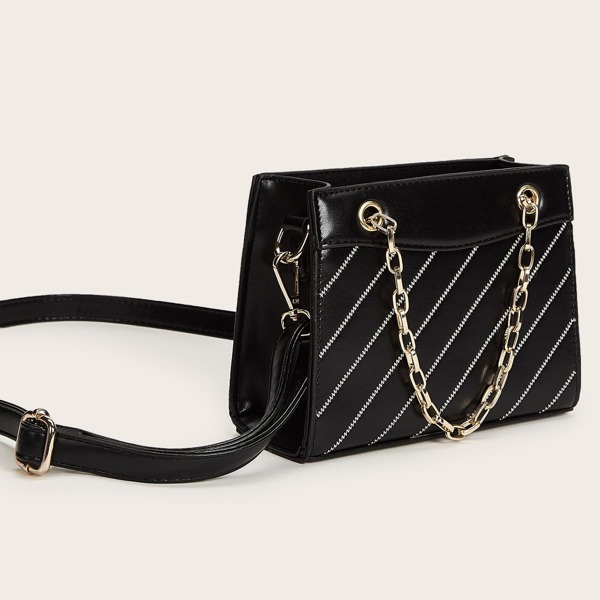 

Stitch Detail Satchel Bag With Chain Handle, Black