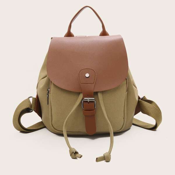 

Buckle Decor Flap Canvas Backpack, Multicolor
