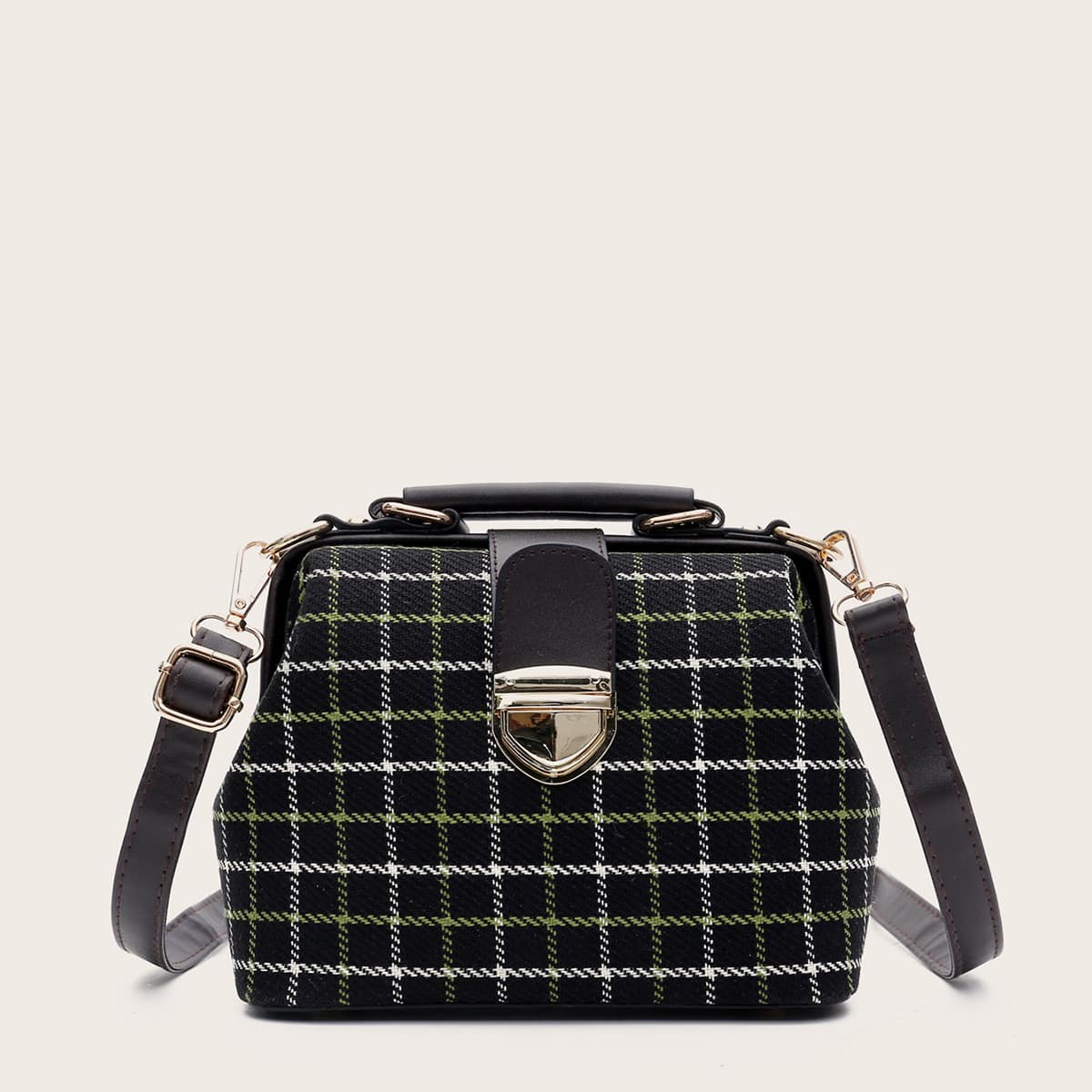 

Push Lock Plaid Satchel Bag, Multicolor