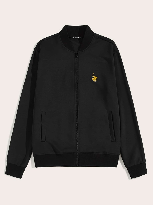 

Men Embroidered Detail Zip Up Bomber Jacket, Black