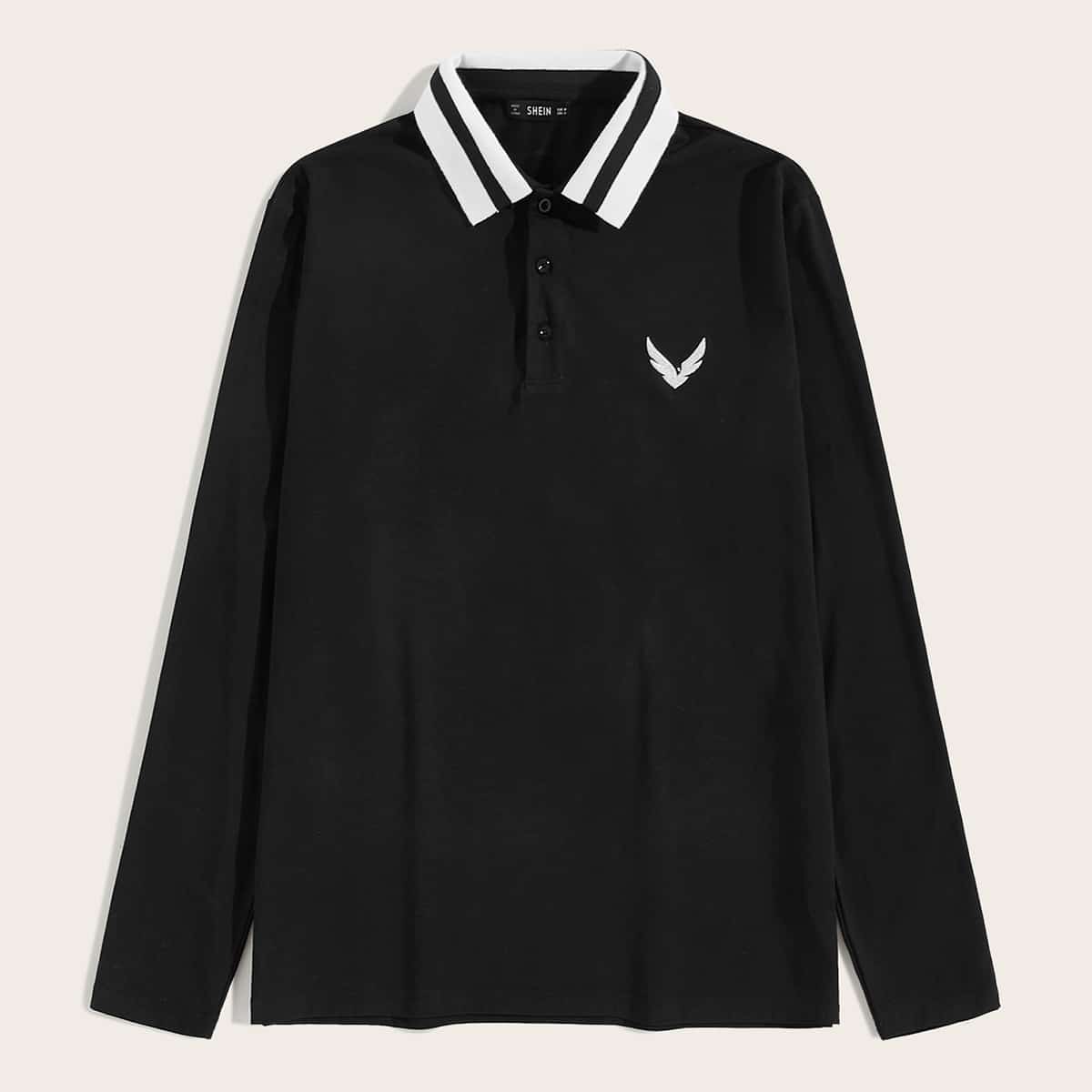 

Guys Contrast Striped Collar Embroidered Detail Polo Shirt, Black