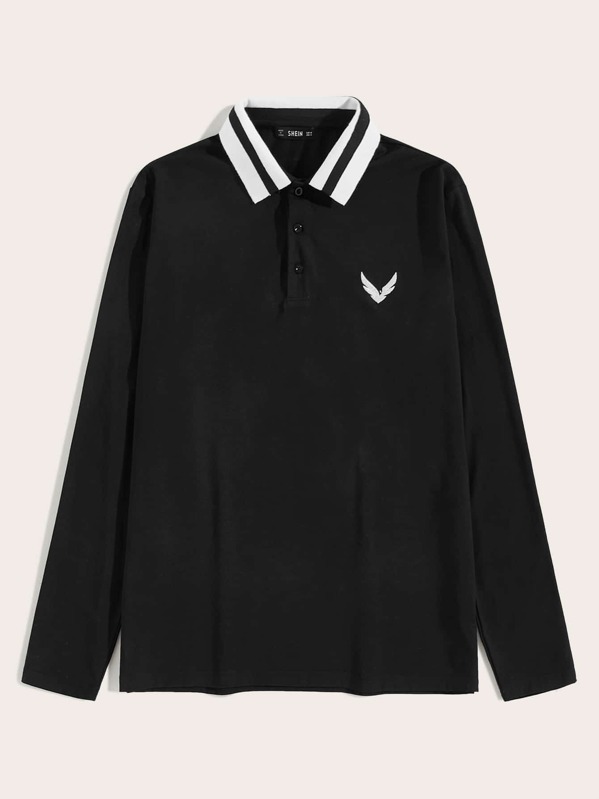 

Men Contrast Striped Collar Embroidered Detail Polo Shirt, Black