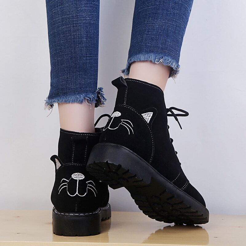 

Cat Embroidery Lace Up Booties, Black