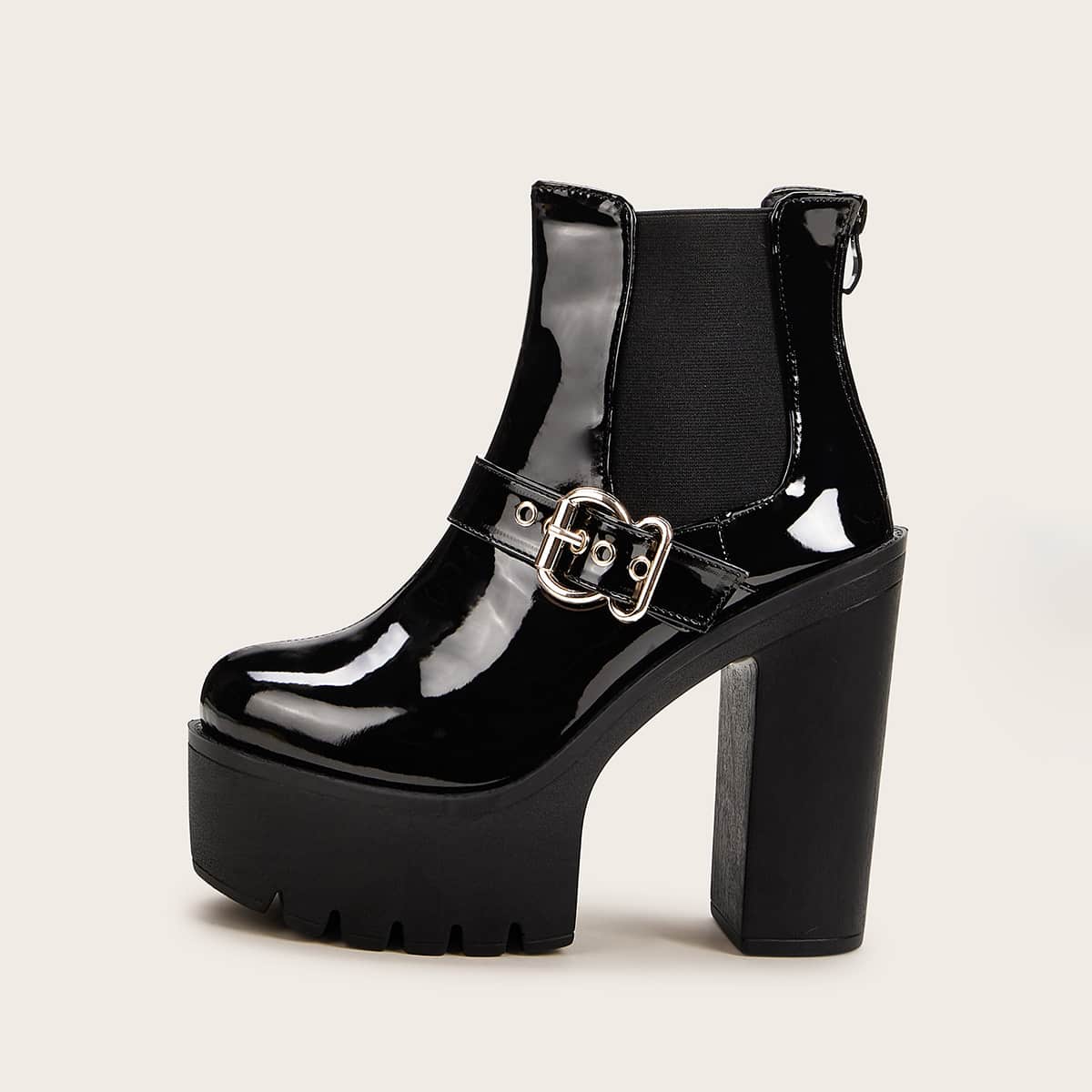 

Side Goring Buckle Chunky Heel Boots, Black