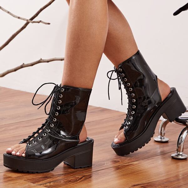

Peep Toe Lace-up Front Chunky Heeled Boots