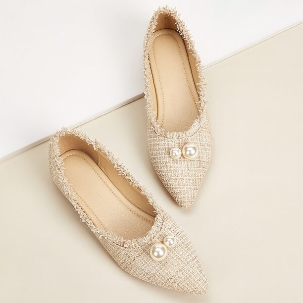 

Faux Pearls Raw Hem Ballet Flats, Beige