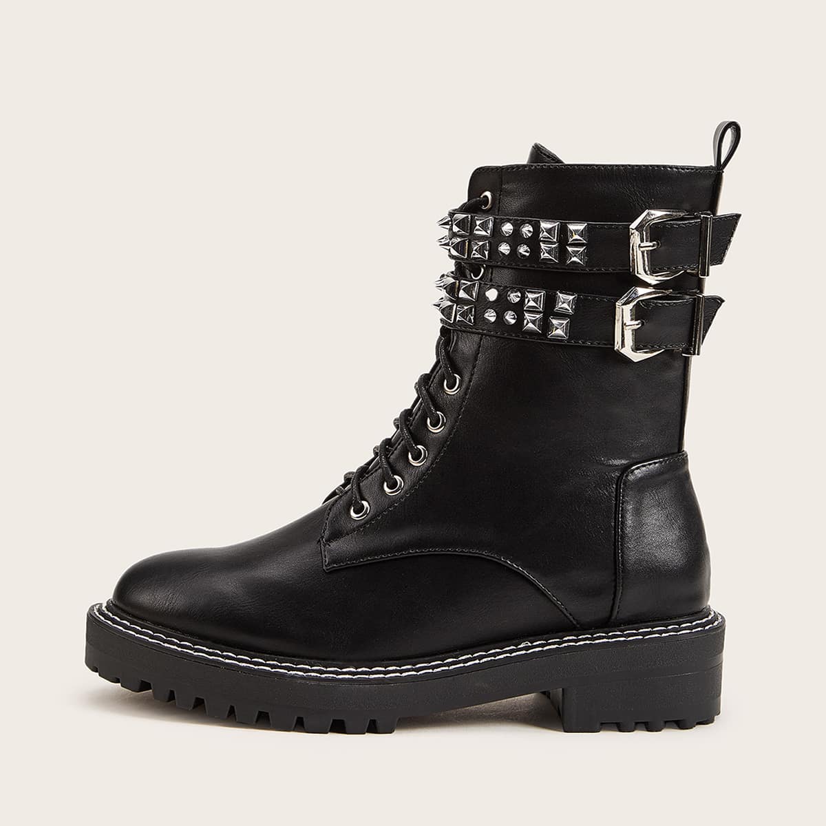 

Studded & Buckle Lace Up Combat Boots, Black