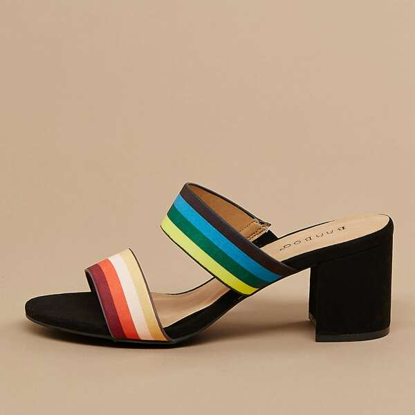 

Rainbow Twin Bands Chunky Heel Mules, Multicolor