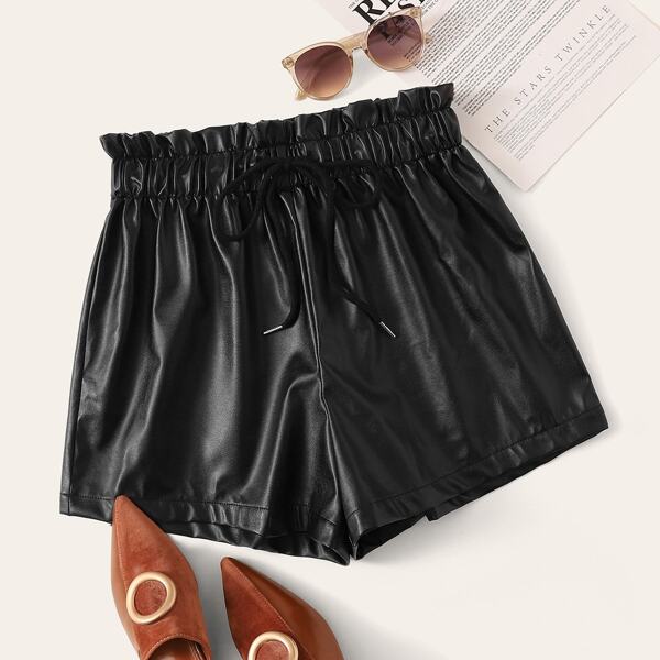 

Drawstring Paperbag Waist PU Shorts, Black