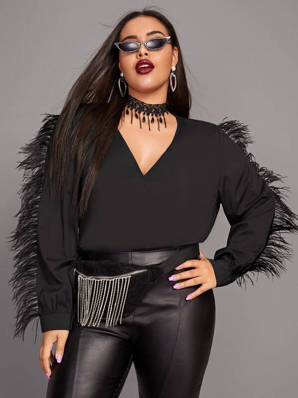 

Plus Faux Feather Detail Solid Blouse Without Choker, Black, Emilie