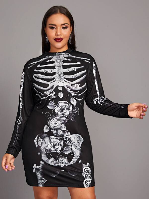 

Plus Skull Print Round Neck Dress, Black, Emilie