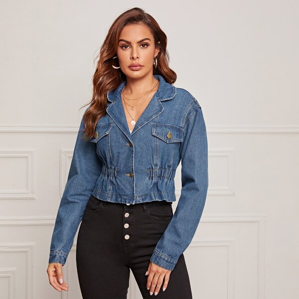 

Elastic Waist Lapel Collar Denim Jacket, Blue