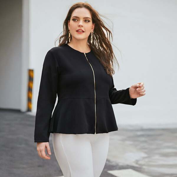 

Plus Solid Zip Up Peplum Jacket