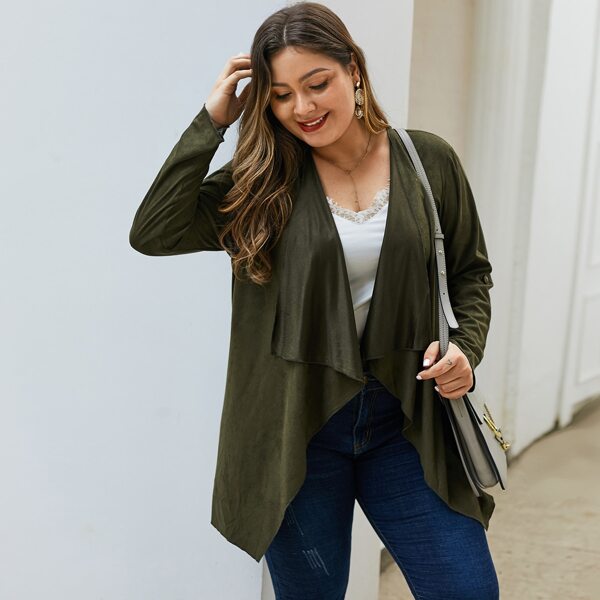 

Plus Solid Open Front Waterfall Coat, Army green