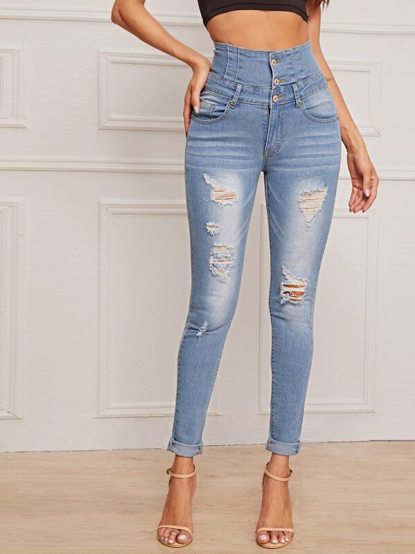 

Ripped Button Front Skinny Jeans, Blue, Andy